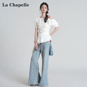 La Chapelle | Slimming White Lace Ruffled Off-shoulder Short Sleeve Shirt