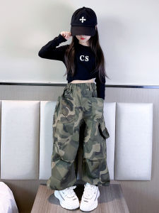 Spring Autumn Girls Loose Casual Fashionable Camouflage Long Pants Middle Big Children Casual Workwear Trousers Cotton Fabric