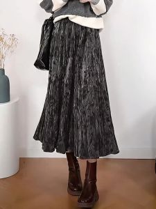 Retro Texture Folded Design High Waist Slimming Drapey Midi Skirt Womens New Autumn Style Commute Korean Version Half-length Skirt
