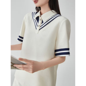 XIAODADEHUA | White Nautical Collar Short Sleeve Set