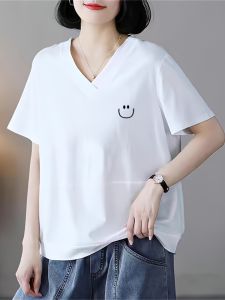 Summer Plus Size Chicken Collar Print Short-Sleeved T-shirt Pure Cotton New Arrival Artsy Easiest for Match Tops Womens Loose V Neck T-Shirt