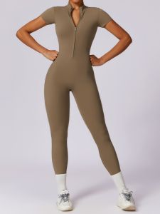 Spring Summer Zipper Short Sleeve Womens Yoga Onesie Tight Fitness Long Pants Sports One-Piece Elastic Bodysuit Gym Wear