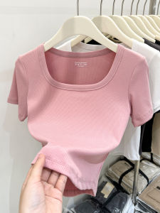 Chic Square Collar Short Sleeve T-Shirt Womens Summer Fashionable Top Bone Shirt Short Length Dopaamine Outfit Cotton Blend