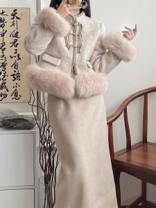 เสื้อโค้ทกระดุมจีนเพิ่มความหนาผ้าวูลวินเทจสไตล์จีนแบบใหม่ไซส์ใหญ่ชุดกระโปรงเรียบหรูแบบเซเลบริตี้สำหรับฤดูใบไม้ร่วงและฤดูหนาว