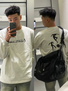 American Style Heavyweight Pure Cotton Long Sleeve T-Shirt Mens round Neck Spring Autumn White Base Shirt Trendy Top