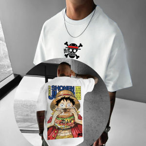 Bandai | Big Size Loose Fit High Quality Cotton One Piece T Shirt Front Skull Back Luffy Eating Hamburger with Straw Hat Sportswear