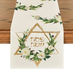 Jewish Passover Hexagram Floral Table Runner Washable Festival Party Kitchen & Dining Table Runner