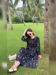 【Fast Shipping】Muslimah Wanita Muslim Kasual Parti Percutian Puff Sleeve Floral Bercetak Maxi Baju Pakaian