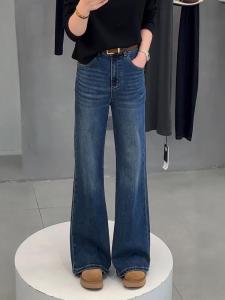 No Leg Sticking Retro Blue Straight-leg Denim Womens Autumn New Arrival Plus Size Plus Size Ladies High Waist Loose and Slimming Slightly Wide Leg