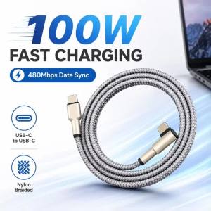 100W USB C to USB C Cable 90 Degree Type C Fast Charging Cord Braided Nylon 480Mbps Data Sync for Laptop Tablet Phone