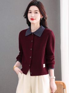 Spring Autumn Short Pure Color Cashmere Knitted Cardigan Womens Versatile Loose Long Sleeve Turn-down Collar Sweater Coat