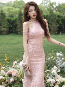 ชุดแต่งงานสีชมพูสุดหรูหราสำหรับผู้หญิง ชุดราตรีทรงหางปลา ชุดแต่งงานแบบพิเศษ ชุดงานเลี้ยง ชุดทำงาน ชุดงานปาร์ตี้ ชุดฤดูร้อน