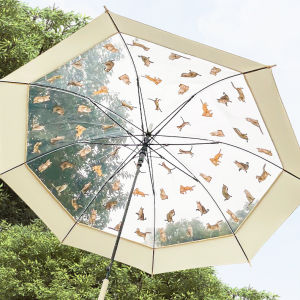 Transparent Umbrella for Women Cute Long Handle Rain Umbrella for Girls Lightweight Big Size Japanese Umbrella Windproof Strong Pattern of cats and puppies