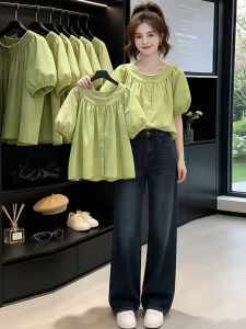 Shalldoer | Feminine Elegant Loose-Fitting Slimming Womens Short Sleeve Shirt Summer 2026 New Round Neck Bubble Sleeve