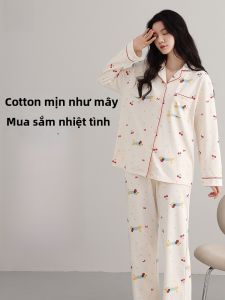MiiOW | Bộ đồ ngủ dài tay bằng cotton nguyên chất Catman dành cho nữ có đệm ngực Bộ đồ mặc nhà dễ thương hoạt hình mùa thu đông có thể mặc ngoài trời