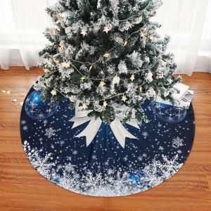 VIKAMA White Bow and Snowflake Blue Christmas Tree Skirt Suitable for Festive Season Home and Office Party Decorations