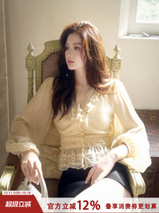 French V-Neck Lace and Mesh Chiffon Blouse