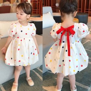 ชุดเดรสลายจุดเด็กผู้หญิง 2-8ปี ชูดเดรสรัดรูปผูกเชือกหลังคอกลมชูดขอบพับแขนพองสั้น