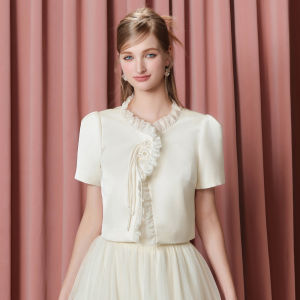 TAMMY TANGS | Stylish Short Sleeve Short Coat with Mandarin Collar and Glossy Satin Fabric