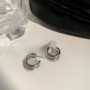 S925 Silver Double Layer C-Shaped Earrings Elegant Simple Metal Design Hong Kong Style Faux Pearl Womens Fashion Jewelry