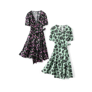 ชุดเดรสผ้าฝ้ายลายดอกไม้ฤดูร้อน กระโปรงทรงเอแขนสั้น คอวี ความยาวปานกลาง สไตล์อื่นๆ เสื้อผ้าผู้หญิง