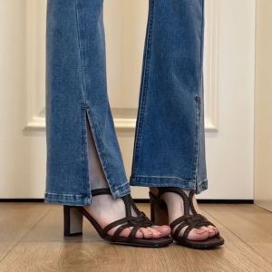 FANGXI | French Vintage Woven Hollow Buckled Strap Thick Heel Peep Toe Sandals