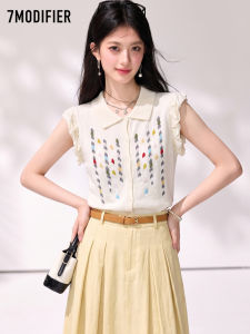 7.Modifier | Áo Thun Croptop Cổ Peter Pan Tay Ngắn Có Thêu Hoa Họa Tiết Làm Mát