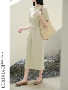 LUXIXIAO Summer New Loose Short Sleeve round Neck Design Sense Shirt Dress A-Line Skirt Elegant Atmosphere Gathered Waist Korean Style Dress