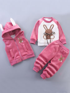 Winter New Fashionable Fleece Lined Hooded Baby Boys Girls Three Piece Set Cute Sportswear for Small Kids Toddler Warm Outfit