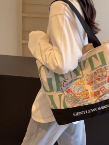 SEA YADOU GW กระเป๋าผ้าแคนวาสสีตัวอักษรสีความจุขนาดใหญ่ใหม่กระเป๋าสะพายเนื้อลำลอง