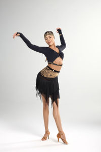 Sylvia Design Amber Vine Design Tassel Skirt Latin Dance Costume Training Suit Net Material Irregular Skirt for Women