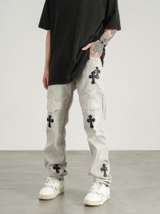 กางเกงยีนส์ทรงตรงสีเทา Concretedetail พร้อมปักลายครอสติช กางเกงขายาวทรงหลวมสำหรับผู้ชาย กางเกงยีนส์ทรงหลวมสำหรับผู้ชาย