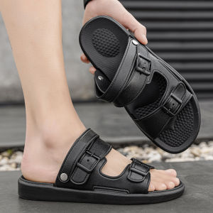 Leather Slippers Mens Summer Outwear Dual-Use Driving Closed Toe Leather Sandals Men Outdoor Non Slip Soft Bottom Beach Shoes