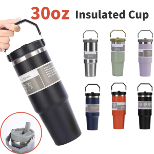30oz Large Capacity Portable Car Cup Stainless Steel Thermos Cup with Straw & Handle Travel Sports Water Bottle Vacuum Flask