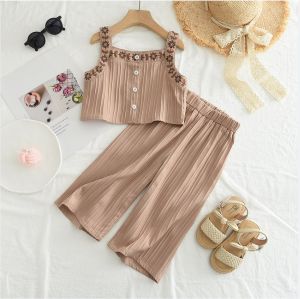 Bear Leader 2 Pieces Sets Kids Girls Floral Embroideried Vest Top and Solid Color Wide Leg Pants Clothing Suits Baby Girls Summer Costumes Outfits 3-7 Years Child