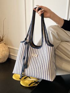 Trendy Large Capacity Commuter Stripe Canvas Tote Bag Womens 2025 New Fashion Match Single Shoulder Bag Outdoor Work