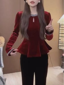 Heavy Embellished Velvet Long Sleeve Base Shirt Womens Autumn New Year Red Top Commute Style Korean Fit round Neck T-shirt