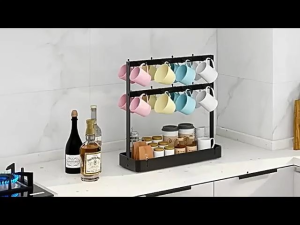 Coffee Mug Holder Household Coffee Mug Storage Rack with 6/16 Adjustable Hooks Countertop Glass Storage Organizer Holder 2 Layer Metal Mug Storage Rack for Kitchen Office