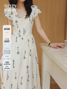 Váy Ngắn Tay Thêu Hoa Phong Cách Pháp Sleepy Rabbit Mùa Hè Mỏng Cổ Chữ V Váy Chữ a Thắt Eo Dài Bằng Vải Lanh