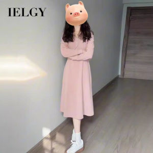 IELGY Pink hooded long-sleeved dress for women slim Korean style medium-length dress