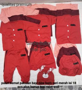 paket hemat pakaian bayi new born seri merah 18 pcs plus bonus topi rajut woll /pakaian new born