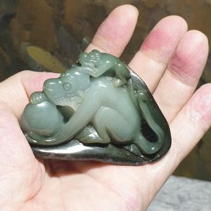 Type A Jadeite with Jade Skin light green Two Monkeys handheld decor display (with certificate)