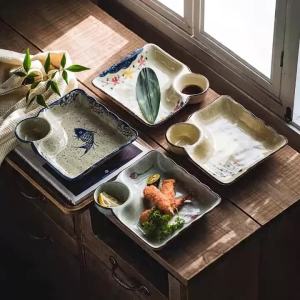 Bộ 2 Đĩa Ăn Bằng Sứ Hình Chữ Nhật Có Ngăn Chia Và Khay Đựng Nước Chấm Tích Hợp Thích Hợp Cho Há Cảo Và Khoai Tây Chiên