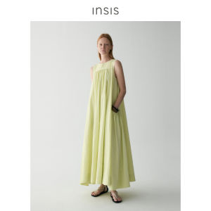 Loose Cotton Summer New Style INSIS FEMME Womens Dress round Neck Sleeveless Gathered A-Line Long Dress Casual Pure Color