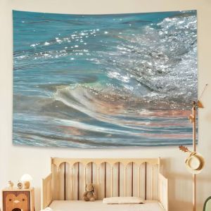 VIKAMA Sóng Biển Trừu Tượng Màu Xanh Teal Polyester Tấm Thảm Tranh Nước Tối Giản Treo Tường Ven Biển Cho Phòng Ngủ Trang Trí Phòng Khách