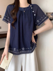 WANGGONGZHU | French Embroidered Loose Short Sleeve Womens Chiffon Shirt Summer 2025 New Style Beautiful Design Sense Small Audience Top
