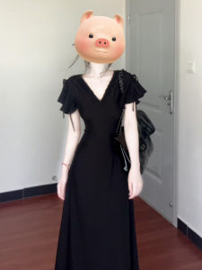 PEIZIXUAN | French Style V-Neck Black Dress with Slim Waist