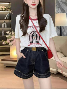 Shalldoer | Fashionable Summer Outfit Set Womens Short Sleeve T-Shirt Denim Shorts Two-Piece Set Age-Defying Korean Style Round Neck Top
