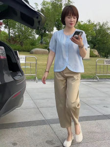 เสื้อเชิ้ตแขนสั้นคอตั้งผ้าไหมน้ำหนักเบาสไตล์ฤดูร้อน 2024 สำหรับผู้หญิง เสื้อเชิ้ตทรงสลิมฟิต ทรงหลวม สไตล์ลำลอง