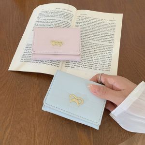 Ladies Short Butterfly Knot Simple Korean Style Wallet Compact Folding Card Holder Mini Wallet Soft PU Leather Horizontal Shape